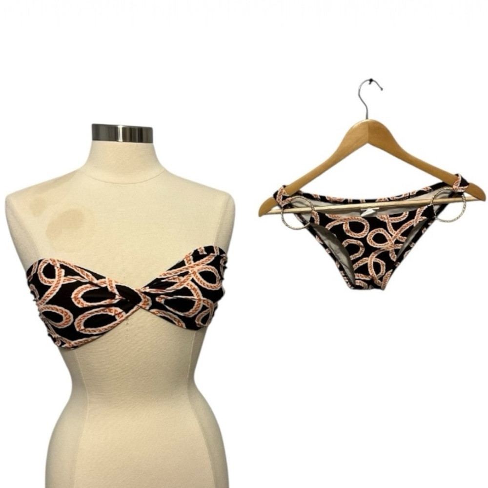 L*Space Bikini Set Size S Black Orange Rope Chain Print Designer Swim